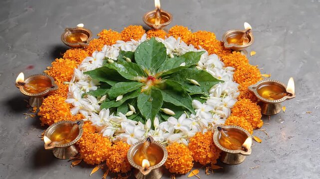 Indian Independence Day celebration with beautiful flower rangoli and lit diyas
