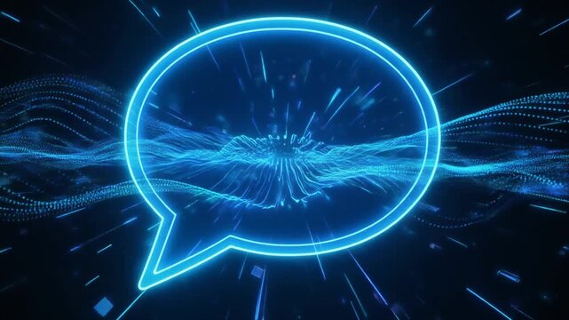 Glowing blue chat bubble with flowing data streams, symbolizing digital communication, artificial intelligence, and neural connectivity.