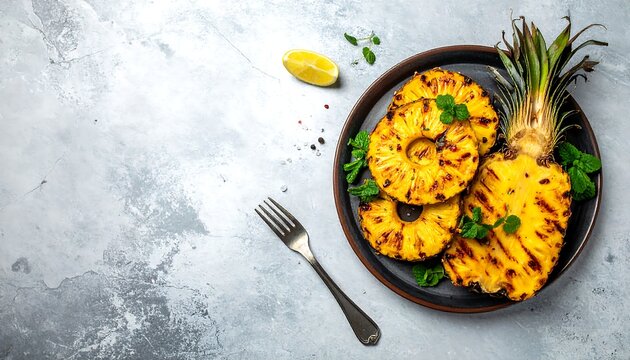 Grilled pineapple rings and a halved pineapple on a plate with a lemon wedge, fork, and speckled background