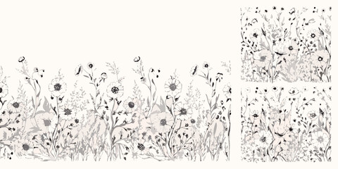 Floral ornament with sketched wildflowers and foliage a repeating vector pattern on a light background © Tarun