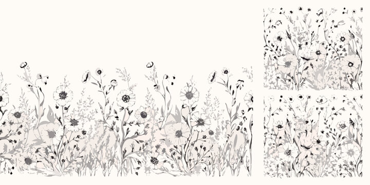 Floral ornament with sketched wildflowers and foliage a repeating vector pattern on a light background