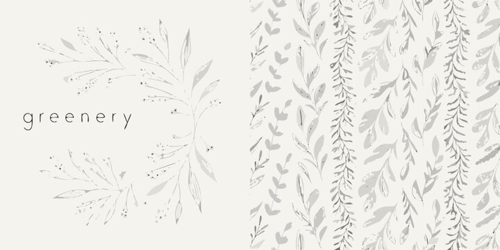 Floral ornament with sketched leaves and stems a delicate gray vector illustration botanical illustration branch close up