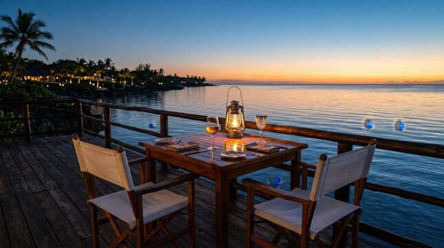 Romantic waterfront dining setup on wooden deck at sunset with lantern lit table for two, wine glasses and ocean horizon creating tranquil twilight atmosphere for seaside dinner and relaxation