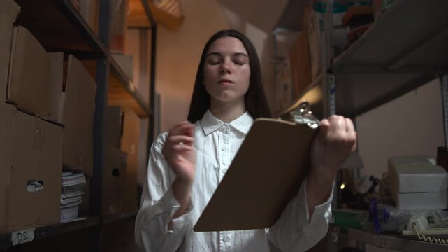 Young woman reviewing inventory notes in a narrow storage room