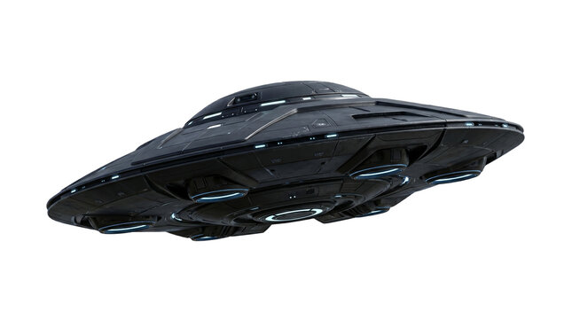 Futuristic alien UFO spaceship with blue glowing lights isolated on a clean transparent background