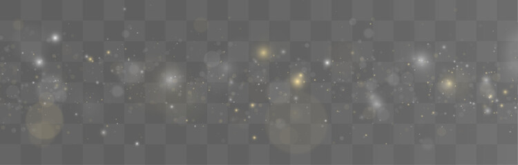 Airy white and gold dust drifts slowly across luminous abstract light. Fine glitter particles create a dreamy luxury effect. White and gold dust texture vector. © Hohstock