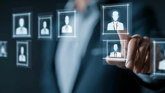Businessman touchscreen user interface selecting profile icon digital network recruitment, human resource hiring connection technology for candidates