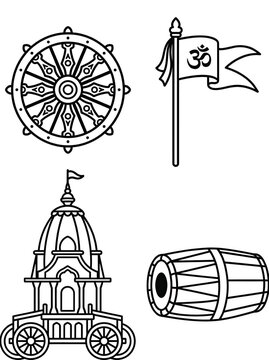 Set of jagannath rath yatra icon elements including chakra, flag, chariot, and dholak drum.