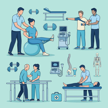 Flat vector illustration of physical therapy and rehabilitation