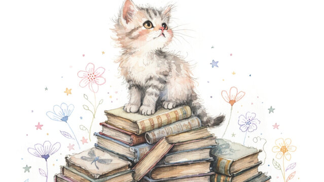 Charming fairytale illustration of a smiling gray tabby kitten sitting on stacked old books with cute heart vector background