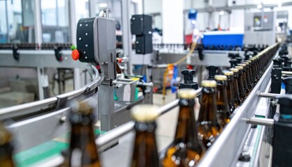 Naklejka premium Amber Glass Bottles Moving on Automated Conveyor in Modern Beverage Factory