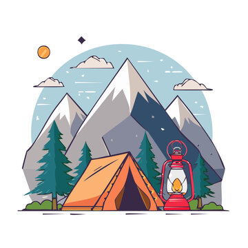 Mountain camping scene with tent and lantern in flat design style