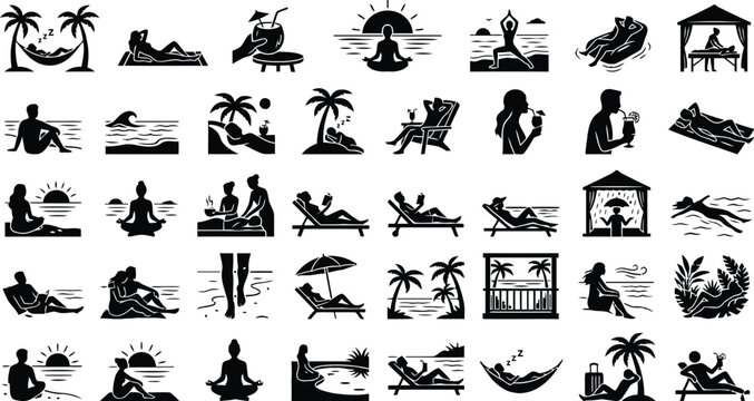 Tropical vacation silhouettes palm trees hammocks and beach relaxation
