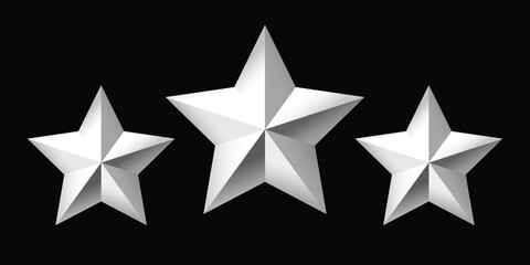 Obraz premium Three silver metallic stars rating rating set in 3D style. Clean geometric star icons representing review, feedback, quality and ranking. Isolated on black background, perfect for UI design, apps, web