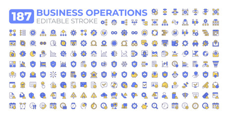 Naklejka na ściany i meble Business operations colorful icons big set. Activities and systems of company generate revenue. Corporate management iconset color linear symbols. Vector isolated flat illustrations. Editable stroke