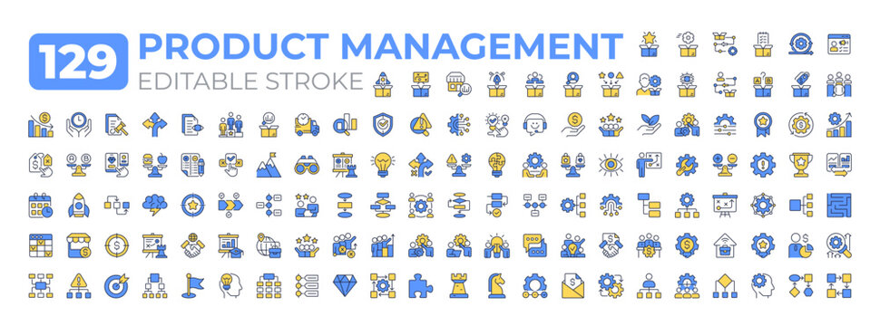 Product management colorful icons big set. Strategic business practice. Process from development to launch iconset color linear symbols. Vector isolated flat illustrations. Editable stroke
