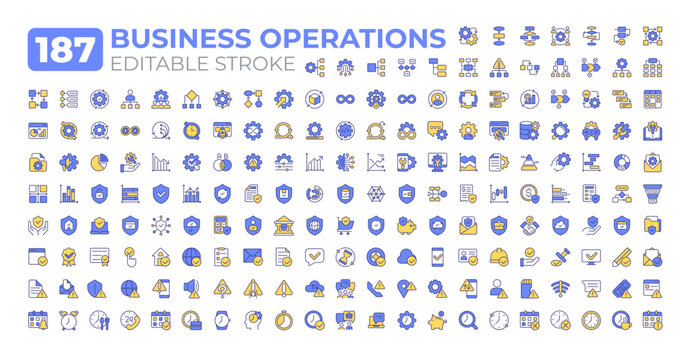 Business operations colorful icons big set. Activities and systems of company generate revenue. Corporate management iconset color linear symbols. Vector isolated flat illustrations. Editable stroke