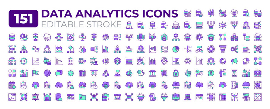 Data analytics colorful icons big set. Examining raw data. Uncover actionable insights. Support decision making iconset color linear symbols. Vector isolated flat illustrations. Editable stroke