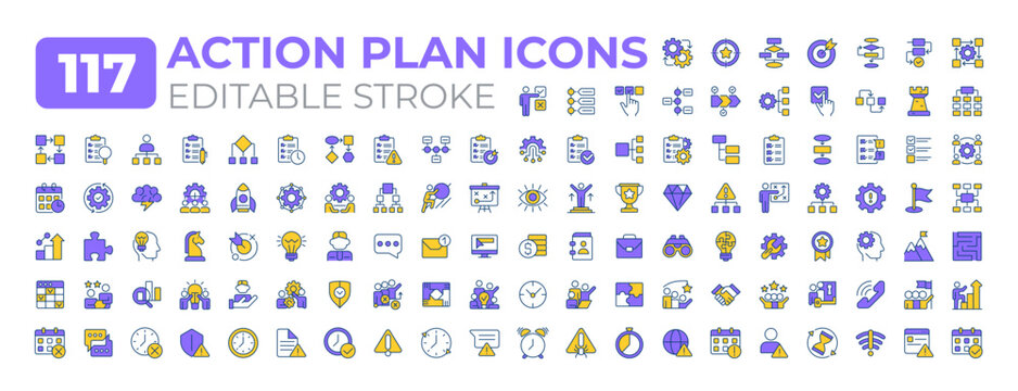 Action plan colorful icons big set. Strategic roadmap of business development. Detailed set of instructions iconset color linear symbols. Vector isolated flat illustrations. Editable stroke