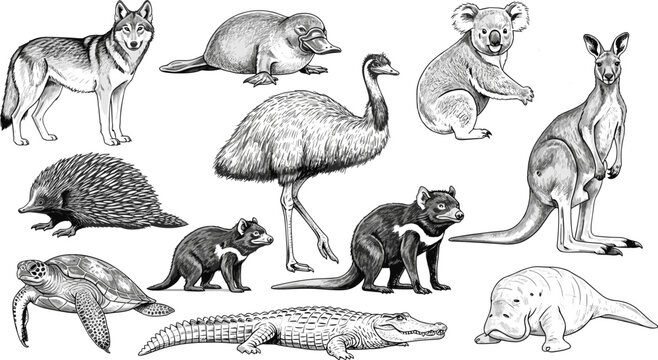Australian Wildlife Animals Vector Set Featuring Kangaroo Koala Emu Platypus Echidna Tasmanian Devil Dingo Crocodile and Turtle for Nature Designs