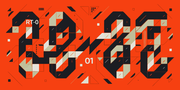 Geometric typographic design with bold lettering and abstract shapes on a bright orange background abstract art