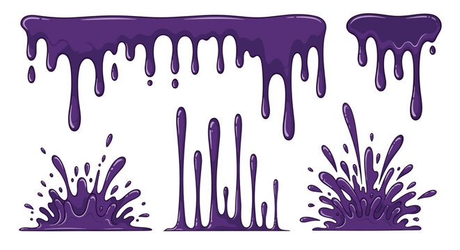 Various purple slime or liquid drips and splashes showing different flow patterns and viscosity for creative designs.