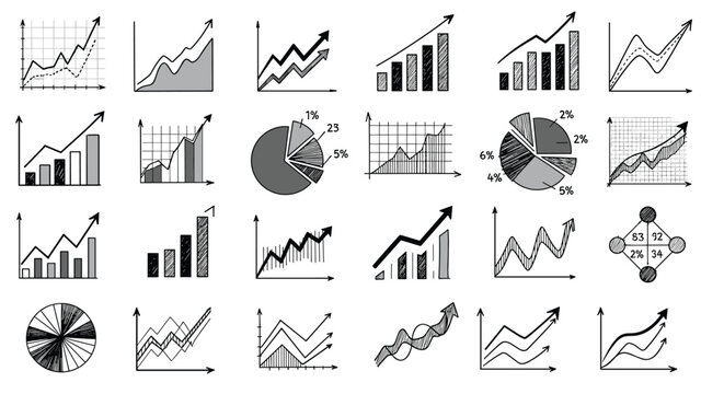 Comprehensive collection of hand drawn business growth charts and financial data graphs presented in a black and white sketch style.