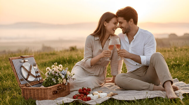 Casal jovem e feliz brindando com ta&ccedil;as durante um piquenique rom&acirc;ntico ao p&ocirc;r do sol na hora dourada em uma colina gramada.