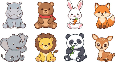 Obraz premium Cute woodland and zoo animal collection featuring hippo, bear, rabbit, fox, elephant, lion, panda and deer cartoon characters