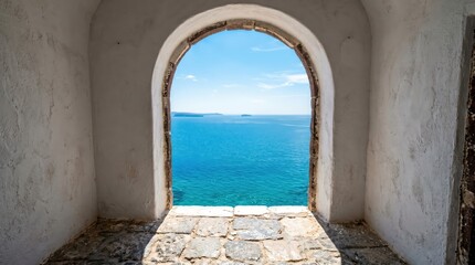Obraz premium Arched stone doorway framing bright turquoise sea and clear sky, sunlit stone floor leading to coastal view with distant islands visible on horizon conveying seaside tranquility