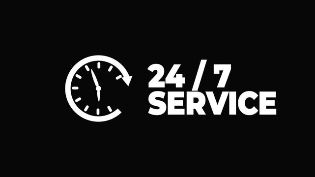 24 7 service clock animation on white background. 24 hours and 7 days service available. Continuous non stop service hours clock rotation motion graphic