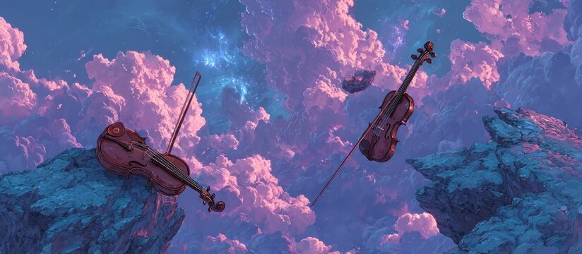 Two violins floating above rocky cliffs with a cloud filled sky