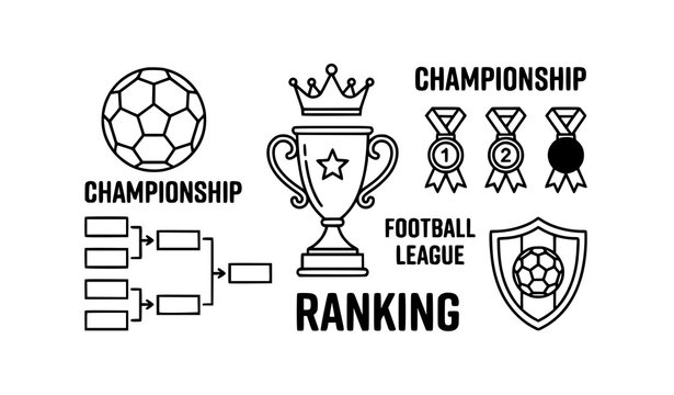 Football league championship ranking elements set with trophy cup medals and tournament bracket vector