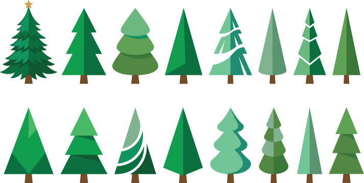 Vector illustration of stylized evergreen trees including geometric pine and Christmas tree designs representing seasonal and decorative themes