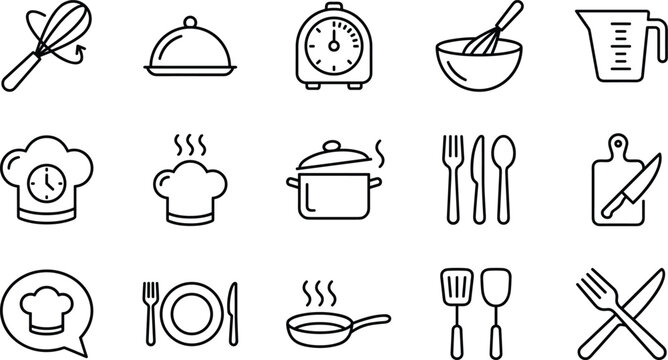 Cooking and kitchen icon set illustration with whisk, pot, chef, utensils, timer, serving dish, and minimalist vector design