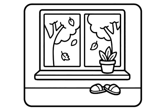 Black and white autumn window with falling leaves and potted plant coloring page