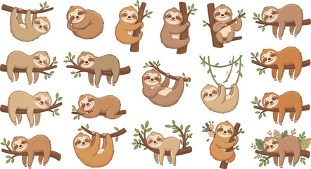 Cute Cartoon Sloth Character Vector Set Featuring Adorable Sloths Sleeping, Climbing Branches, Hanging on Vines, and Relaxing for Jungle Wildlife Designs © Lota
