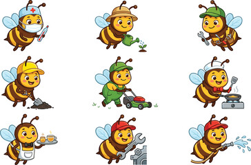 Fototapeta premium Vector illustration of cartoon bees in occupational outfits representing teamwork, industry, and playful decorative themes