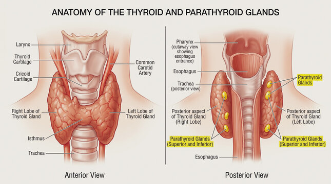 Anatomical comparison of thyroid and parathyroid glands showing anterior and posterior views with medical labels