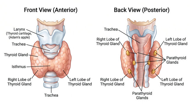 Anatomical comparison of human thyroid and parathyroid glands in anterior and posterior views with labels