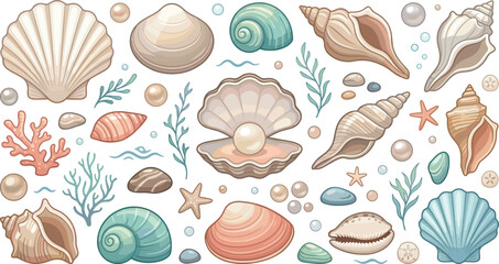 Sea Shell and Pearl Vector Collection Featuring Starfish, Coral Reef Elements, Scallops, Spirals, and Ocean Treasures for Summer Beach Tropical Designs © Lota