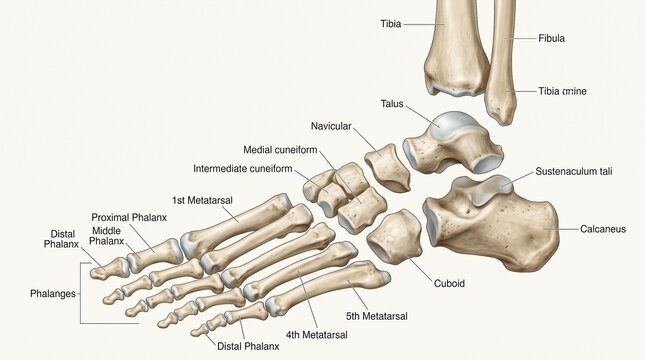 Anatomical of the human foot bones with detailed labels for medical education and study purposes