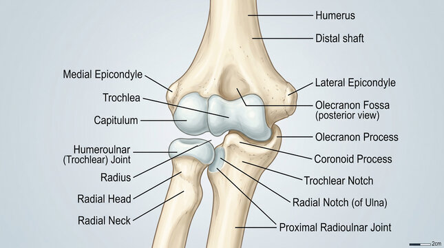 Anatomical of the human elbow joint posterior view with detailed labels for medical and scientific use