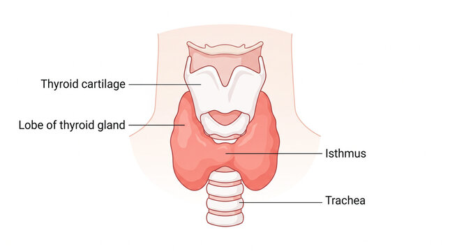 Anatomical of the human thyroid gland and trachea with clear labels for medical education purposes