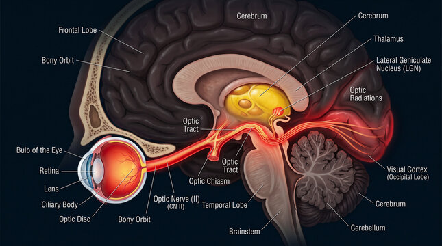 Anatomical of the human visual pathway showing the eye, optic nerve, and brain visual cortex regions