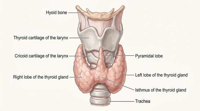 Anatomical of the human thyroid gland, trachea, and larynx with labeled structures for medical education
