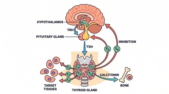 Biological diagram of thyroid hormone regulation involving hypothalamus, pituitary gland, and target body tissues