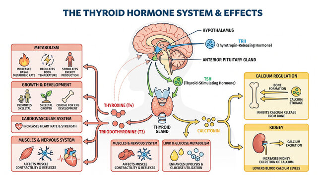 Comprehensive infographic of the thyroid hormone system, metabolic effects, and calcium regulation in humans