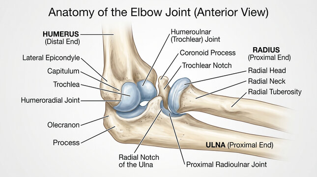 Detailed anatomical of the human elbow joint anterior view with labeled bones and joint structures