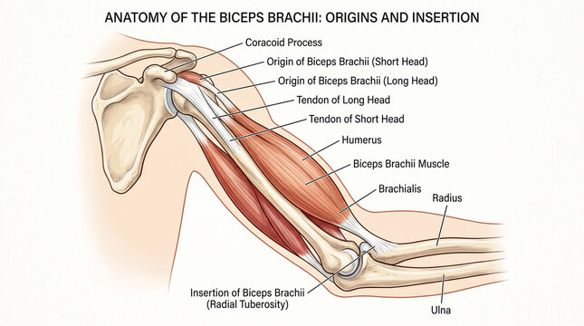 Detailed anatomical diagram of the biceps brachii muscle showing origins, insertion, and arm bone structure